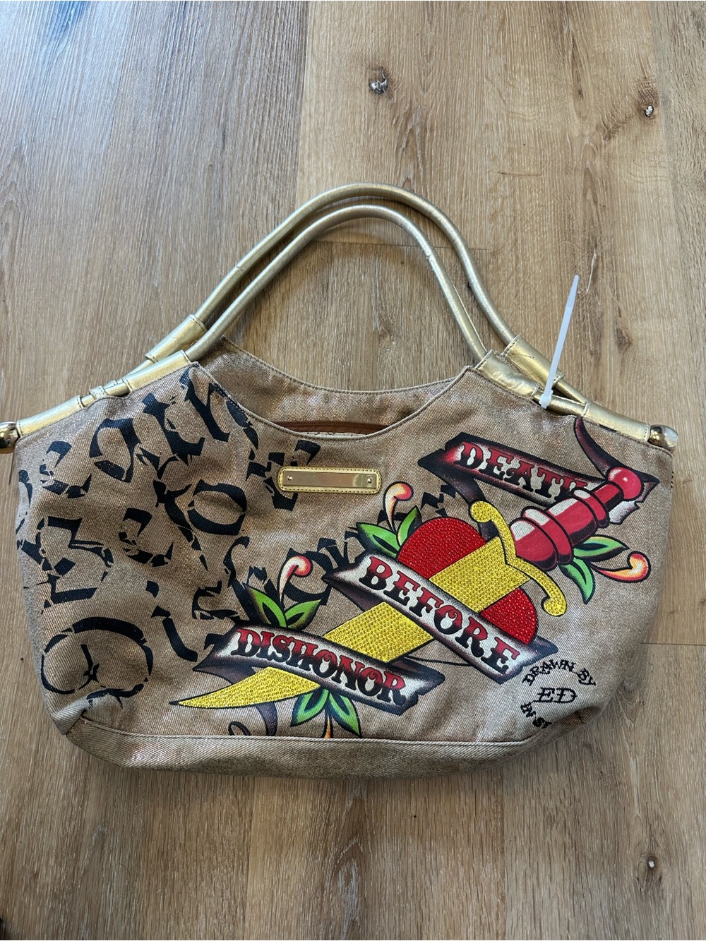 Ed Hardy Gold and Tan Shoulder Bag with Dagger Graphic